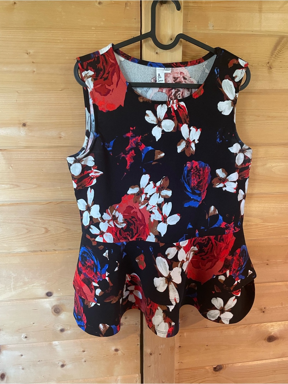 Jules & Leopold Black Floral Peplum Camisole with Red, Blue & White Flowers